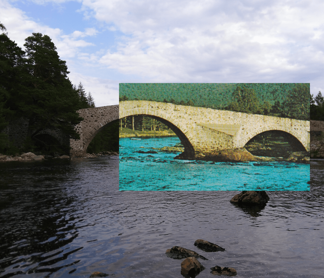 A photo of Old Invercauld Bridge,with an inset from an old postcard as contrast.